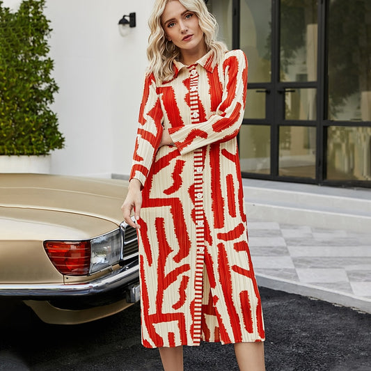 Vintage Printed Dress Turn-down Collar