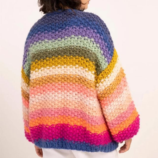 Autumn Winter Handmade Rainbow Striped Crocheted Cardigan