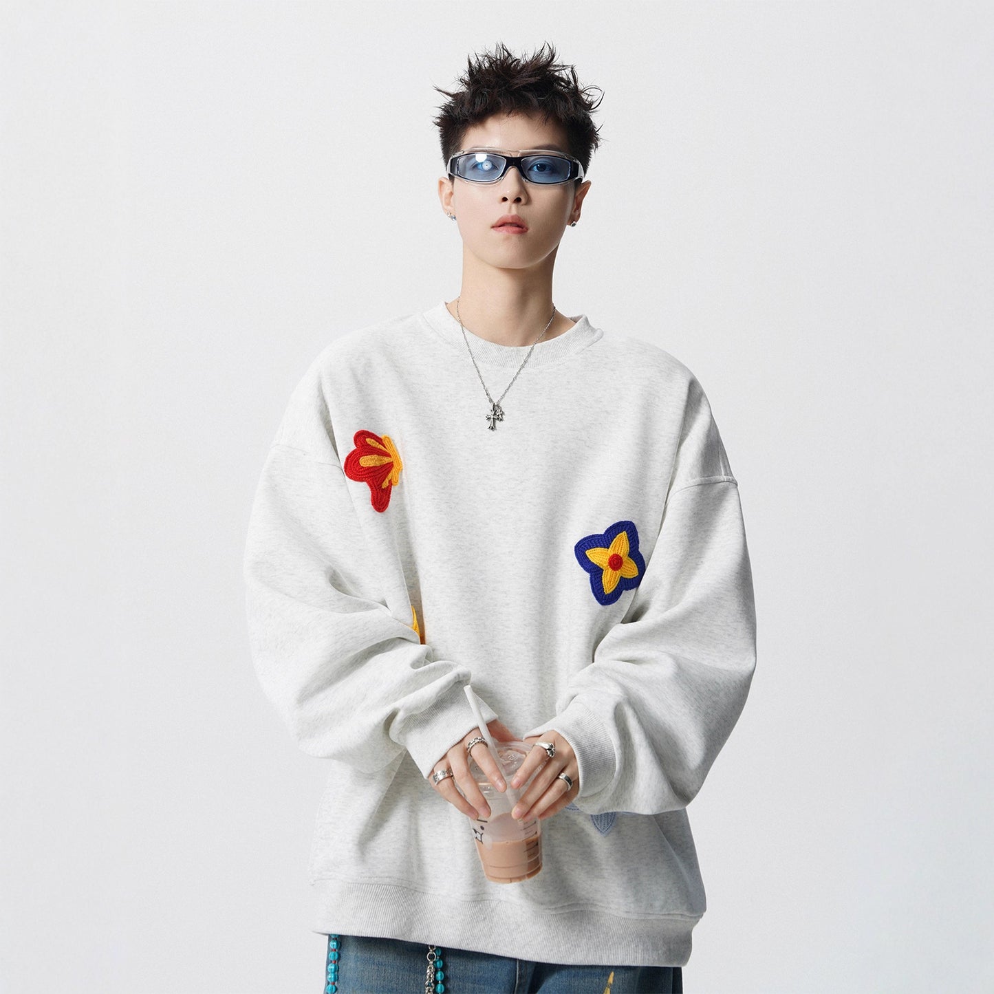 Heavyweight Floral Embroidery Crewneck Hoodie