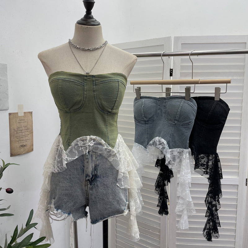 Cowboy patchwork lace ribbon irregular strapless top