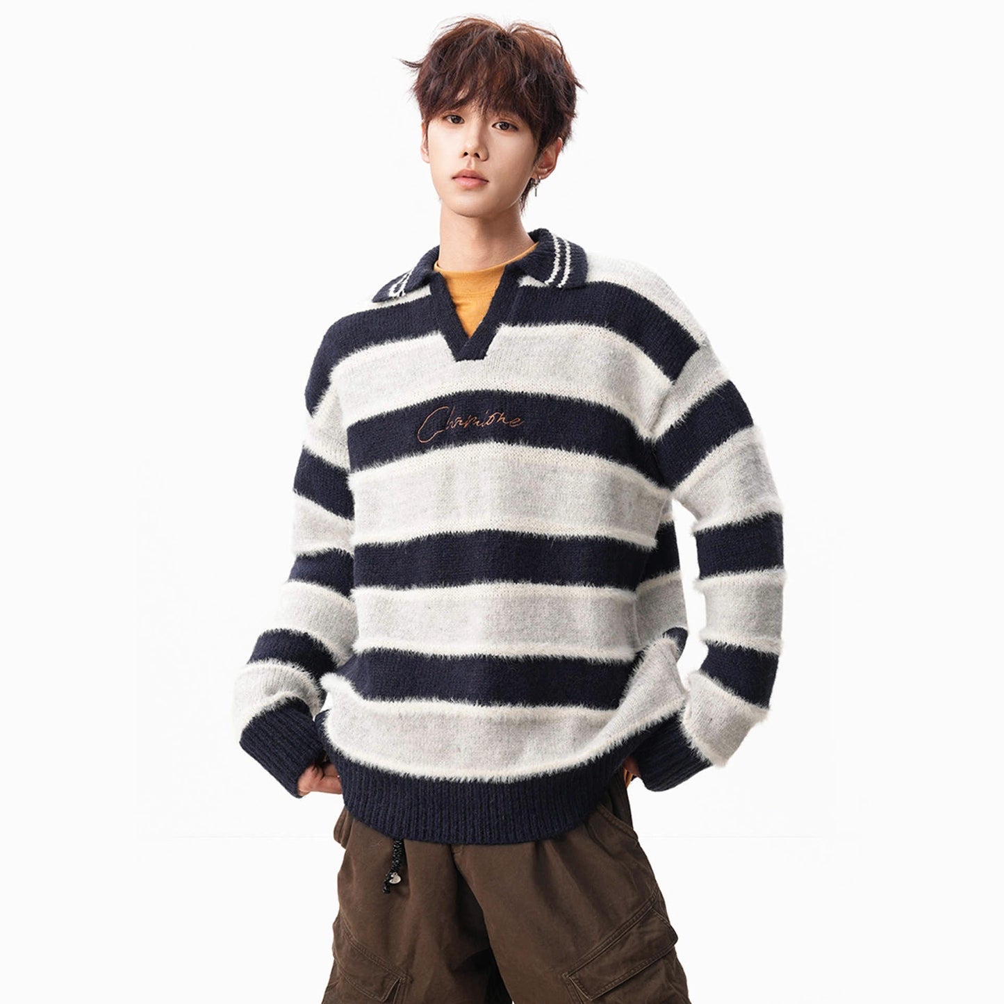 Black and White Stripe V-Neck Sweater