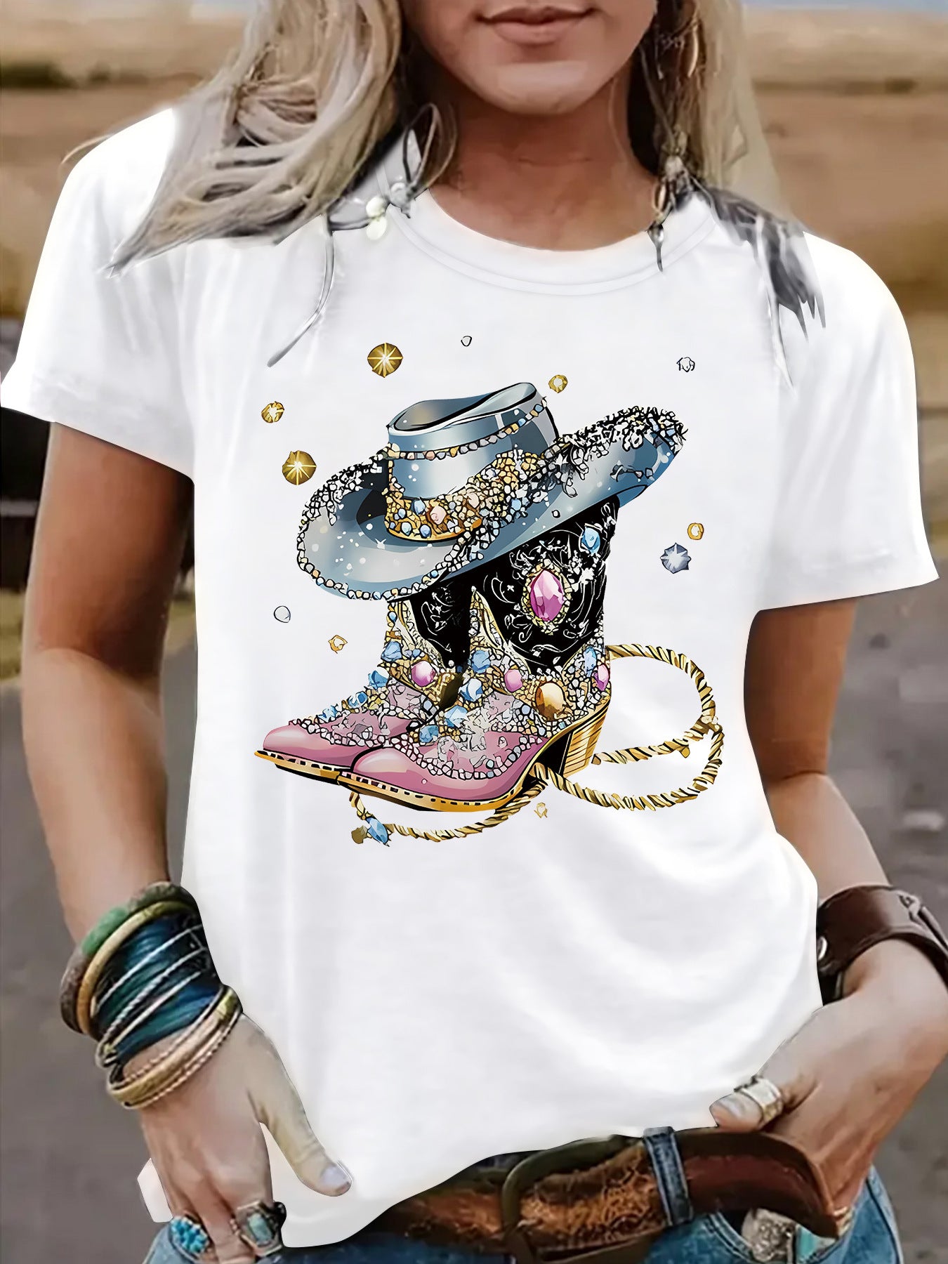 Round neck short sleeved women's T-shirt cowboy hat cowboy boots