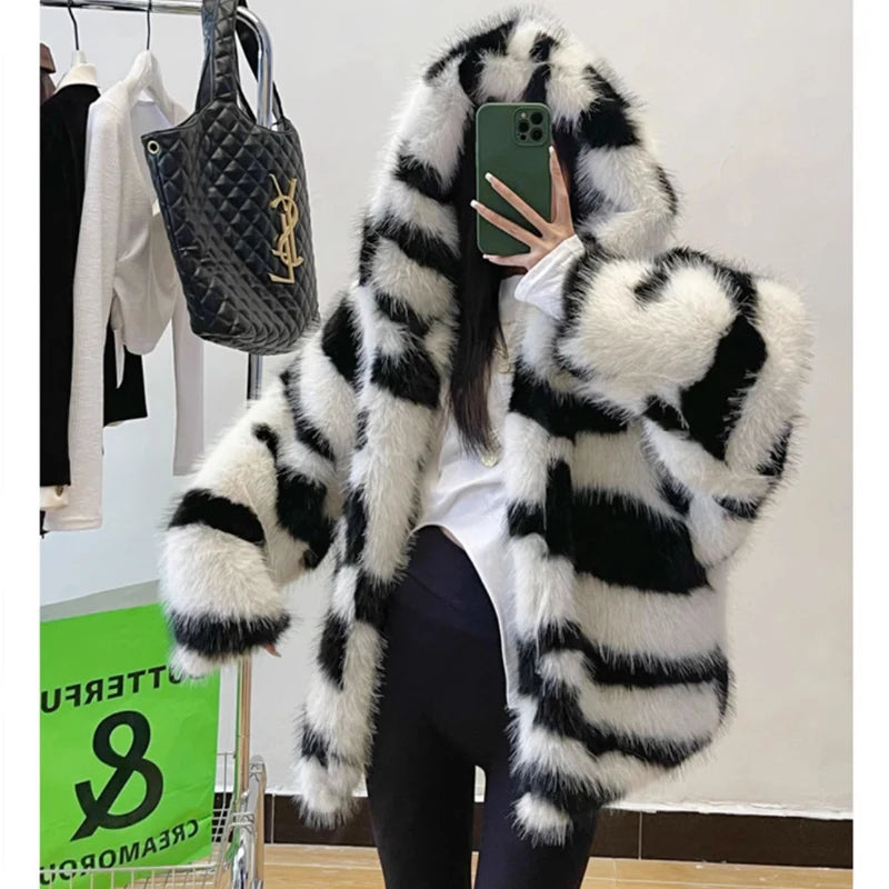 Women's fur coat Zebra print hooded fox fur coat