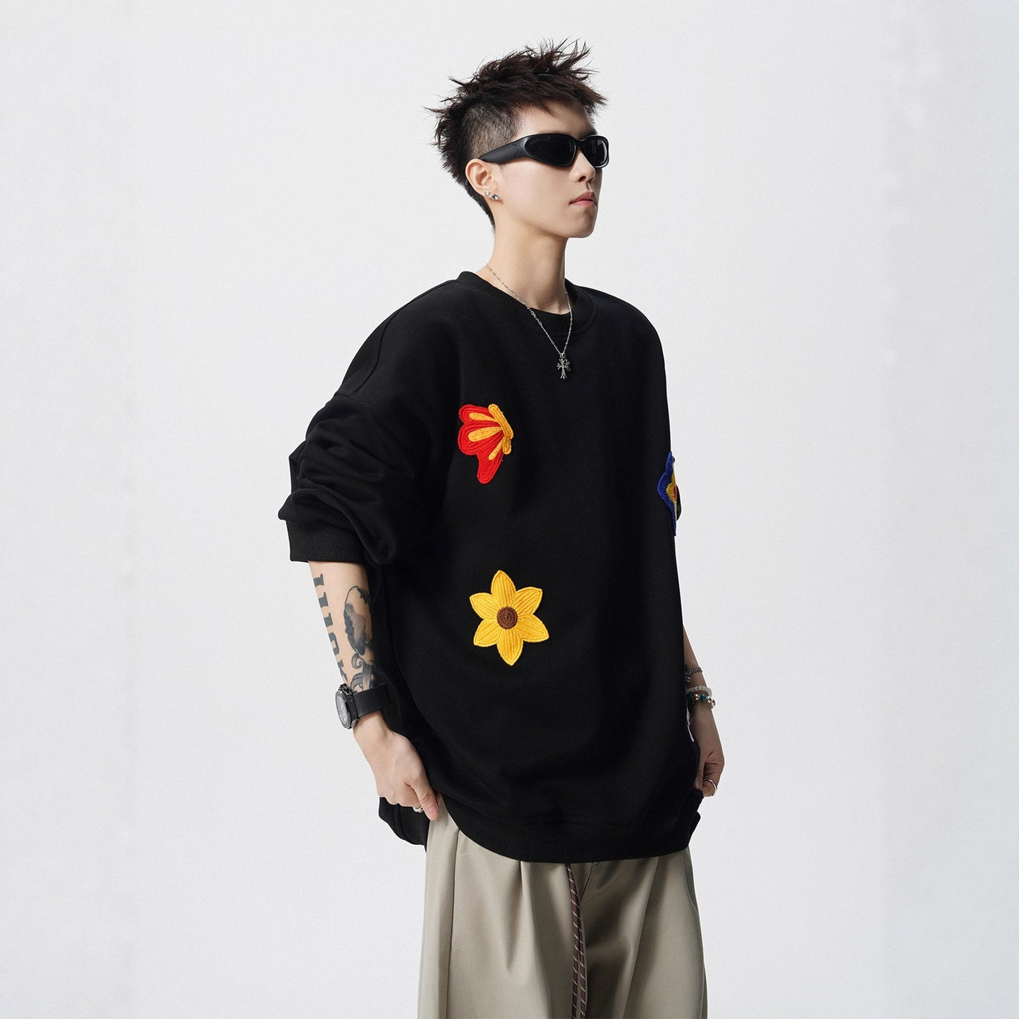 Heavyweight Floral Embroidery Crewneck Hoodie