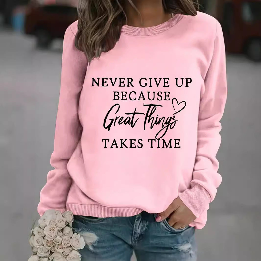 Long Sleeve Round Neck "NEVER GIVE" Print Crewneck Sweatshirt