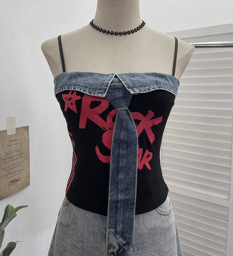 Cowboy patchwork printed tie camisole vest