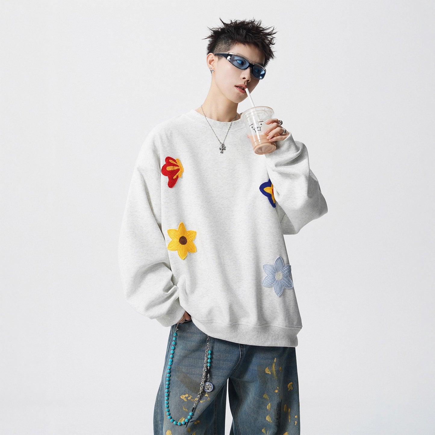 Heavyweight Floral Embroidery Crewneck Hoodie