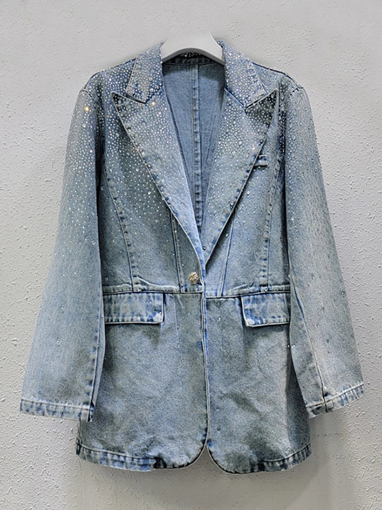 Women's Denim Blazer Washed Blue Vintage Diamonds Rhinestone Single Button Suit Jackets  Autumn New Fashion