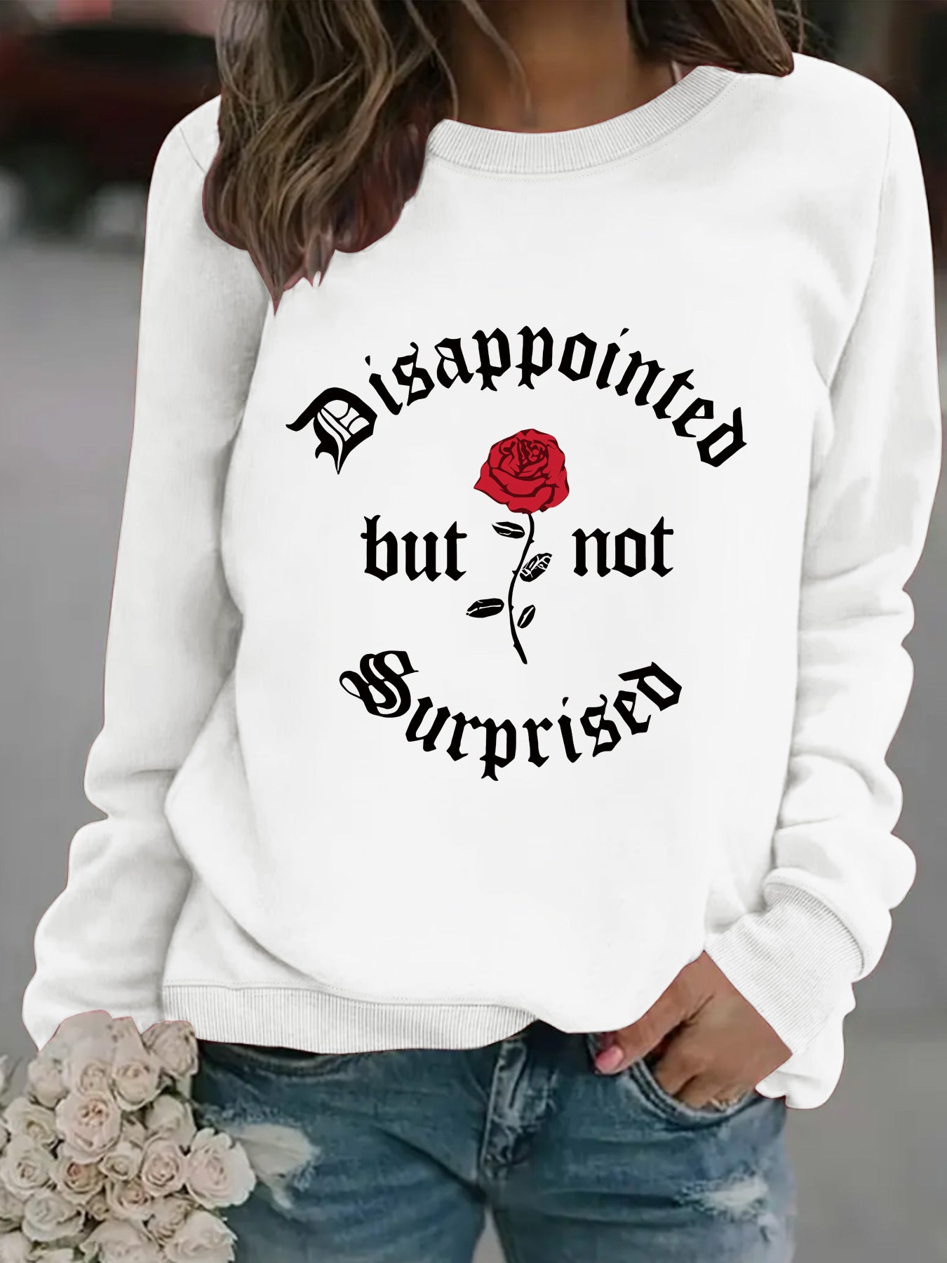 Disappointed rose print pullover sweatshirt