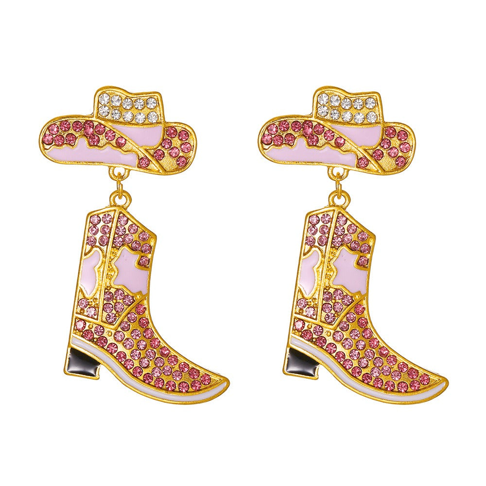 Alloy oil drop inlaid diamond Western cowboy hat boots earrings