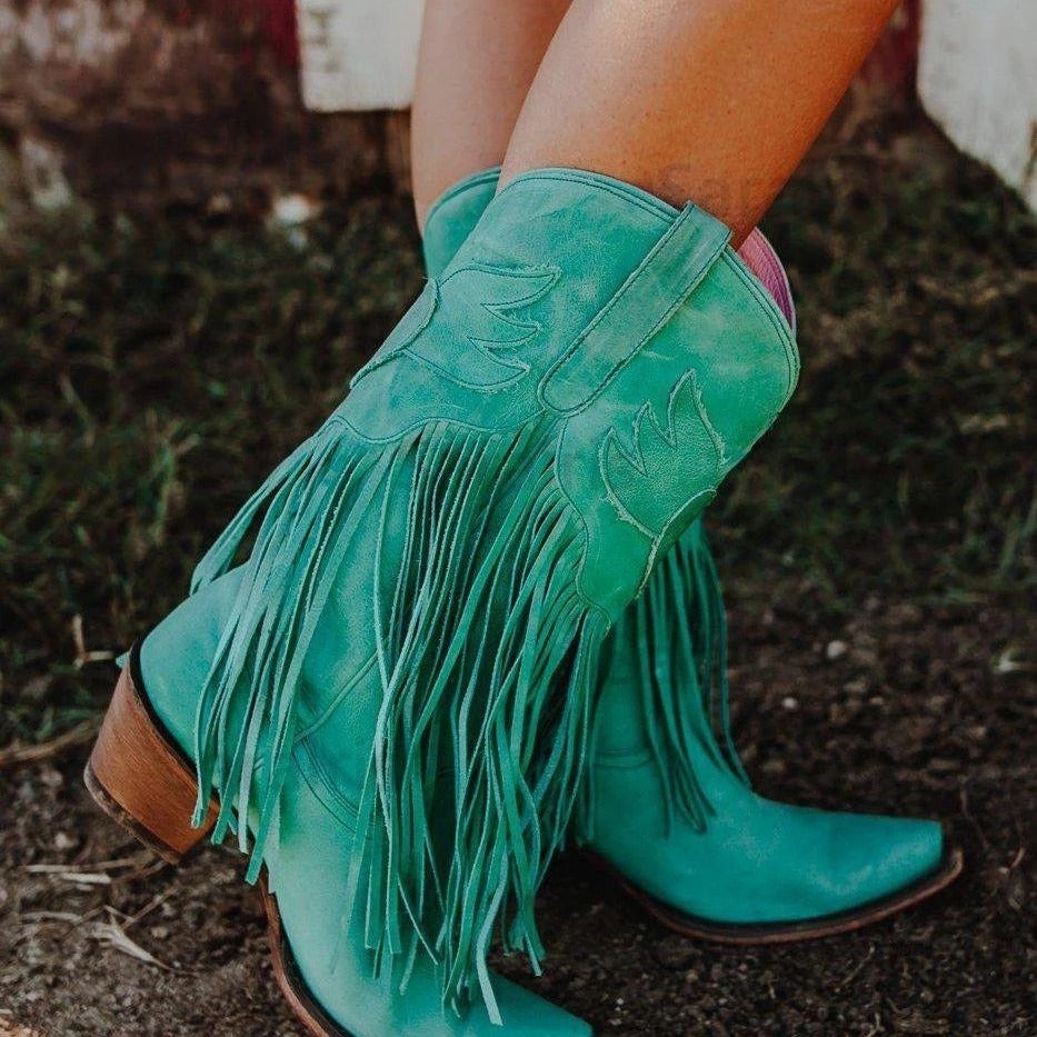 Fashion Women Cowboy Boots Retro Tassel Mid Boots