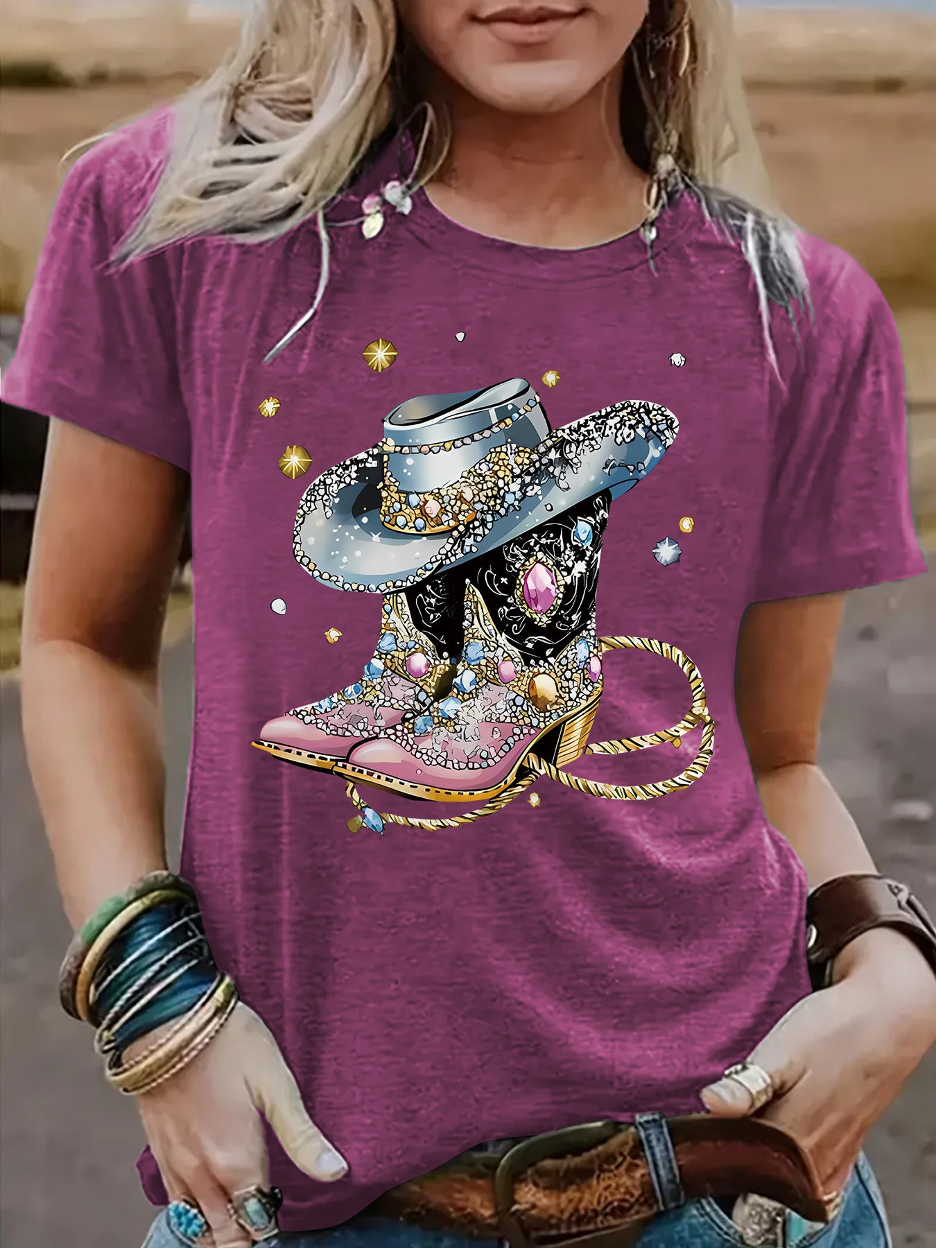 Round neck short sleeved women's T-shirt cowboy hat cowboy boots