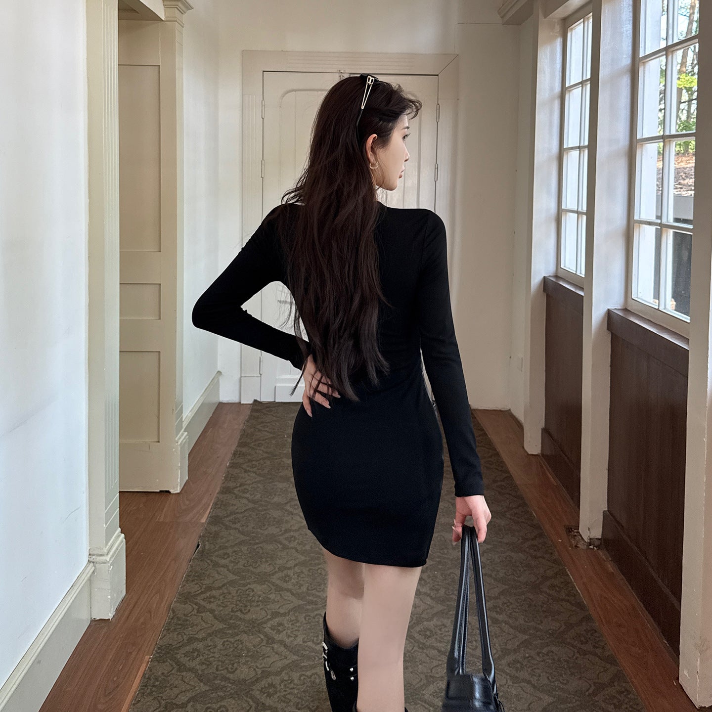 Long sleeved leather patchwork dress for women