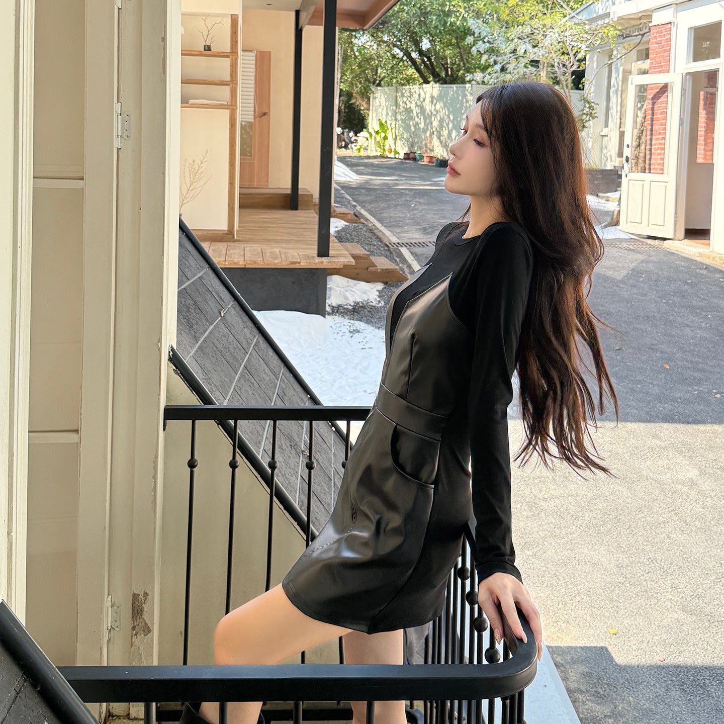 Long sleeved leather patchwork dress for women