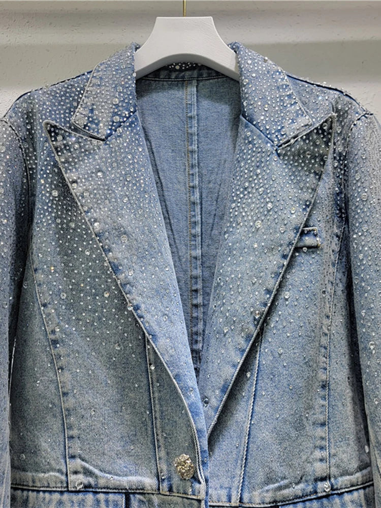 Women's Denim Blazer Washed Blue Vintage Diamonds Rhinestone Single Button Suit Jackets  Autumn New Fashion