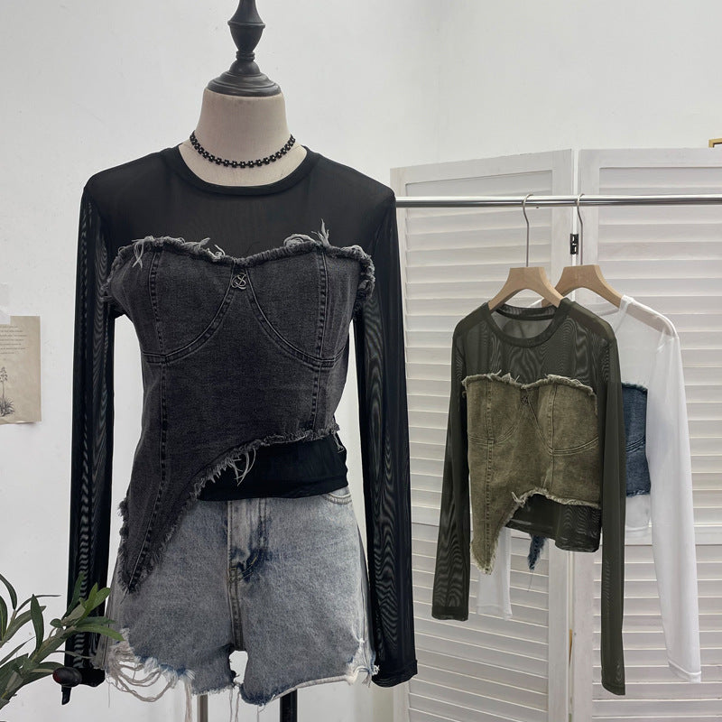 Cowboy patchwork long sleeved mesh T-shirt for women