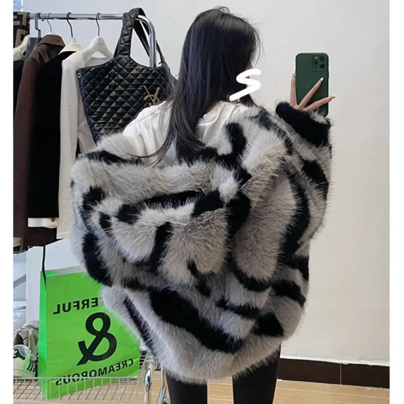 Women's fur coat Zebra print hooded fox fur coat