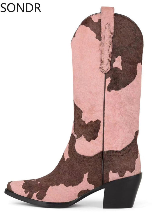 Pointed Toe Real Horse Fur Mid Calf Boots