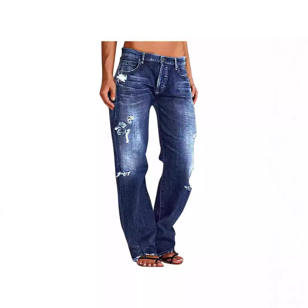 Cowboy pants with mid waist hole straight leg pants