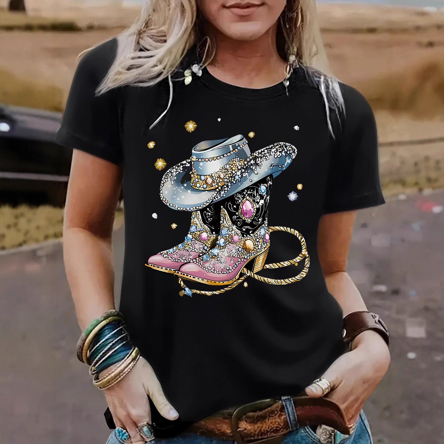 Round neck short sleeved women's T-shirt cowboy hat cowboy boots