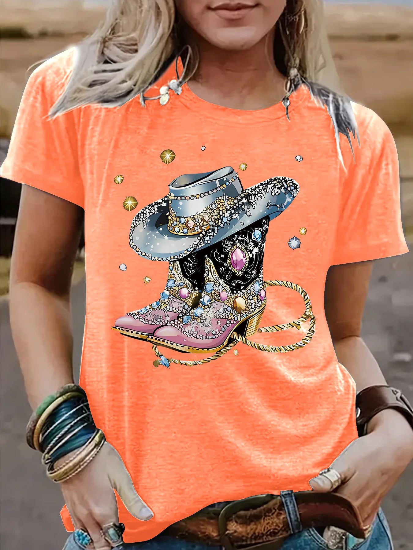Round neck short sleeved women's T-shirt cowboy hat cowboy boots