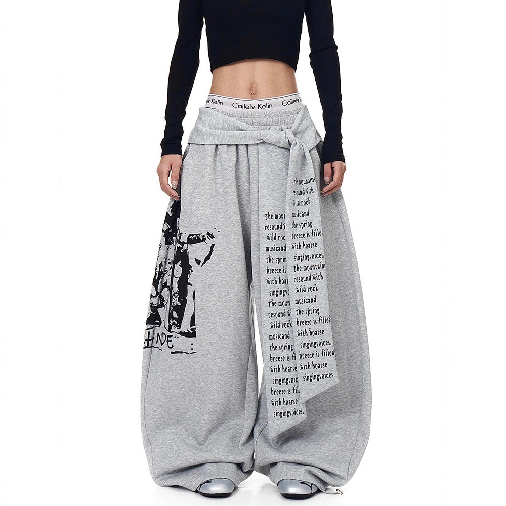Structured Letter Print Tie-Overlay Heavyweight Sweatpants