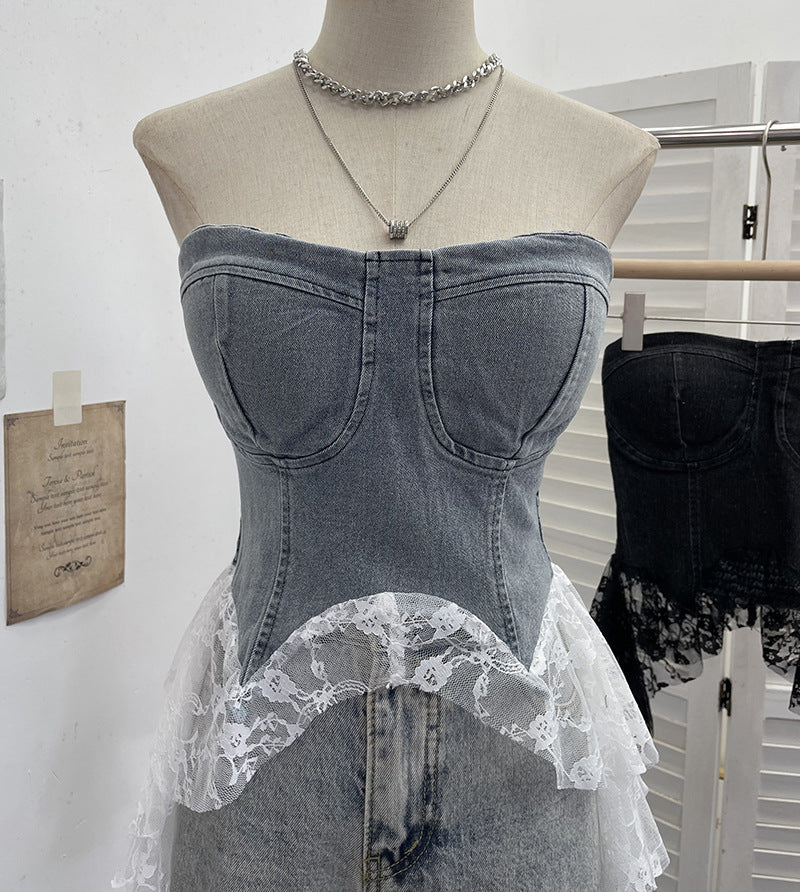 Cowboy patchwork lace ribbon irregular strapless top