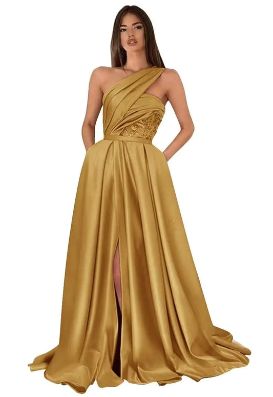 Elegant Satin One-Shoulder Ball Gown with Lace Details