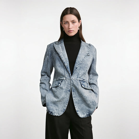 Women's Denim Blazer Washed Blue Vintage Diamonds Rhinestone Single Button Suit Jackets  Autumn New Fashion