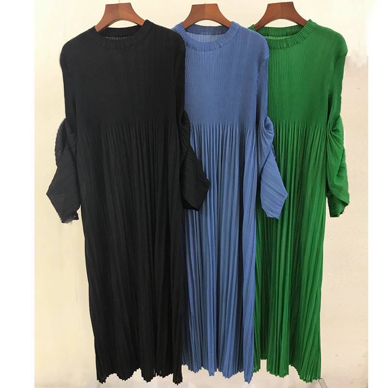 French Dress Women's Long Sleeve Loose Large Size Maternity Dress Pleated Fashion High Pleated Long Skirt
