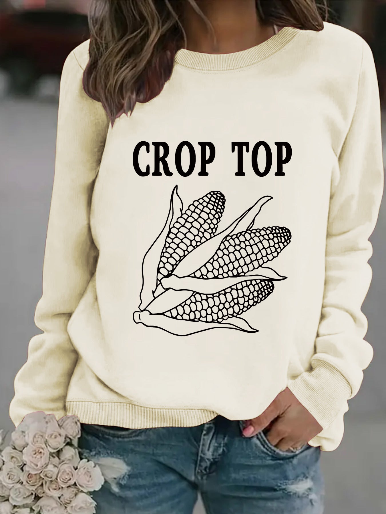 Round neck CROP corn print pullover sweatshirt