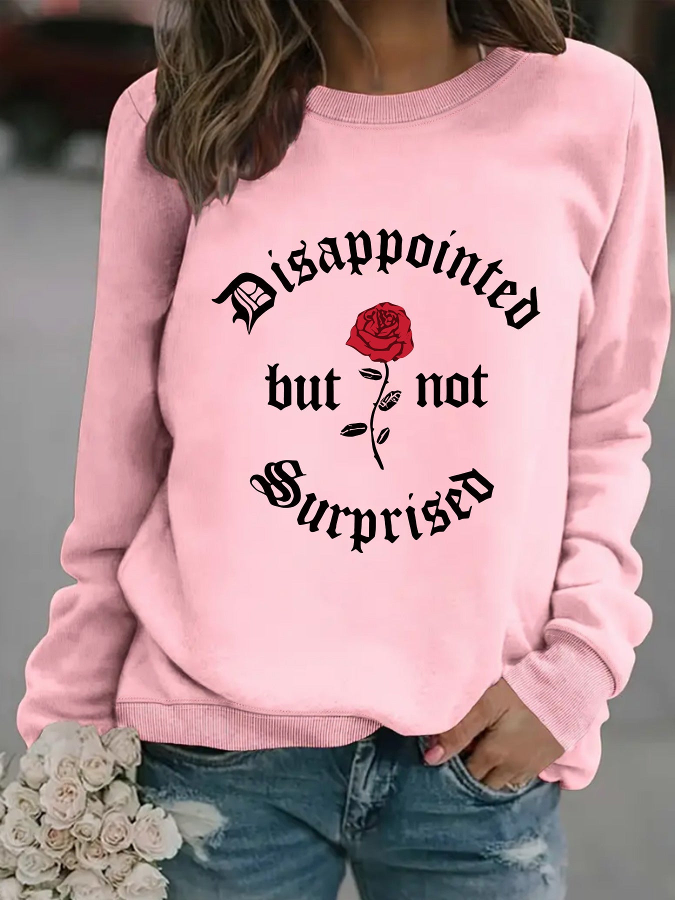 Disappointed rose print pullover sweatshirt