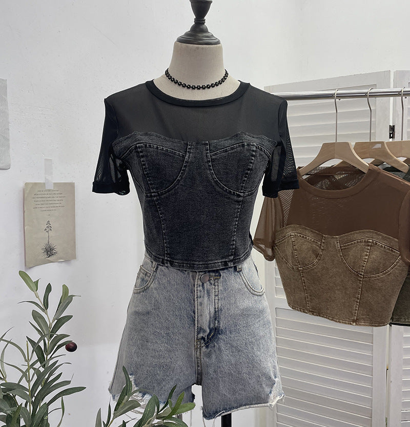 Cowboy patchwork mesh short sleeved T-shirt