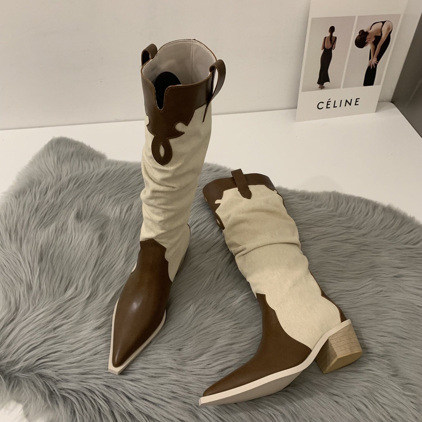 Western Cowboy Women's High Boots Low Heel Ladies Pointed Toe Knee High Boots Shoes Winter High Quality Suede Shoes