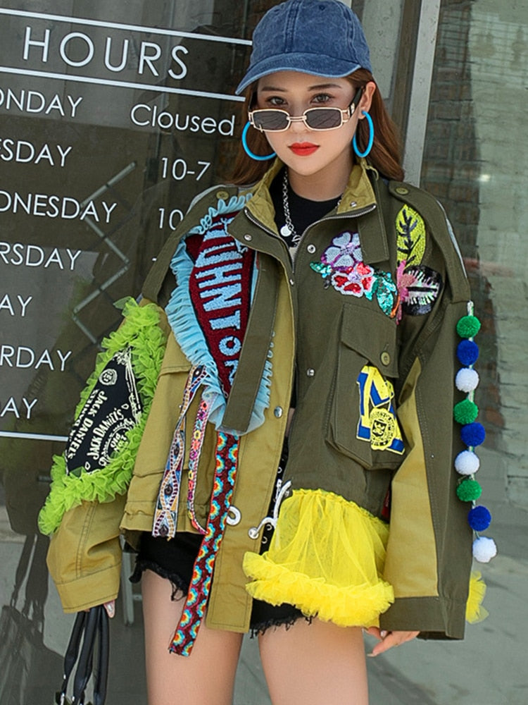 Street Style Embroidery Lace Spliced Contrast Colour Irregular Jackets