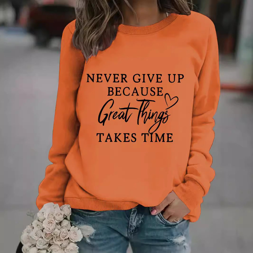Long Sleeve Round Neck "NEVER GIVE" Print Crewneck Sweatshirt