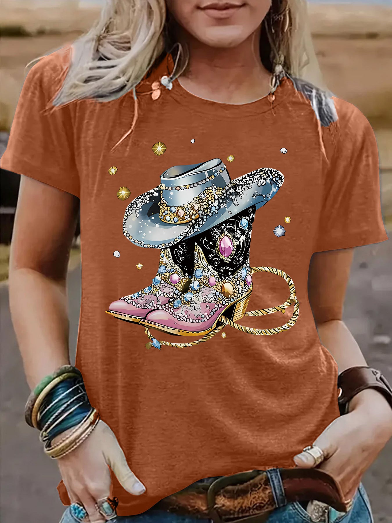 Round neck short sleeved women's T-shirt cowboy hat cowboy boots