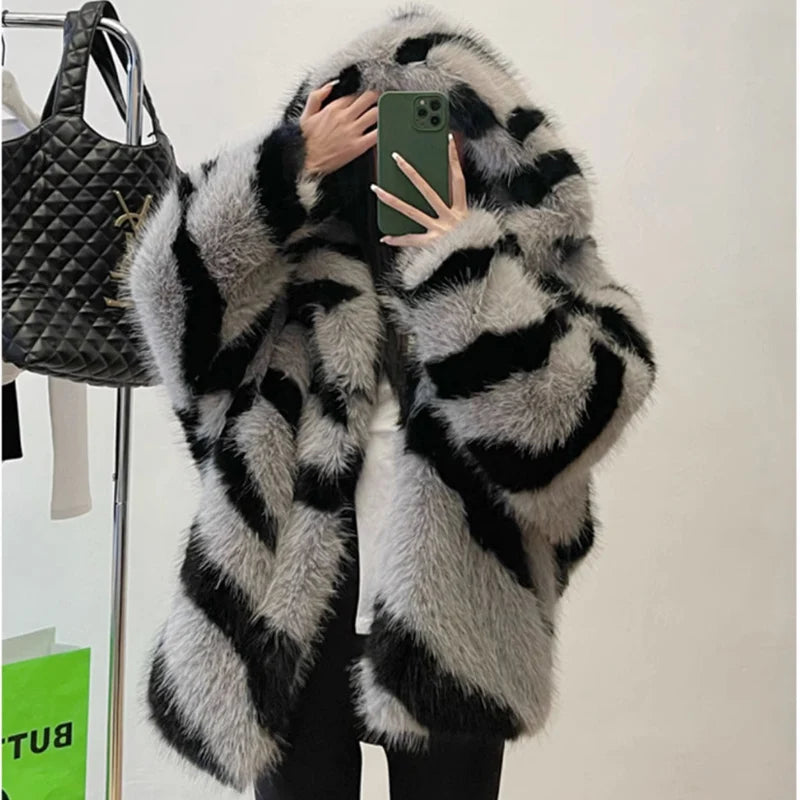 Women's fur coat Zebra print hooded fox fur coat