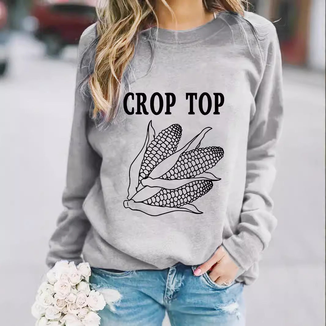 Round neck CROP corn print pullover sweatshirt