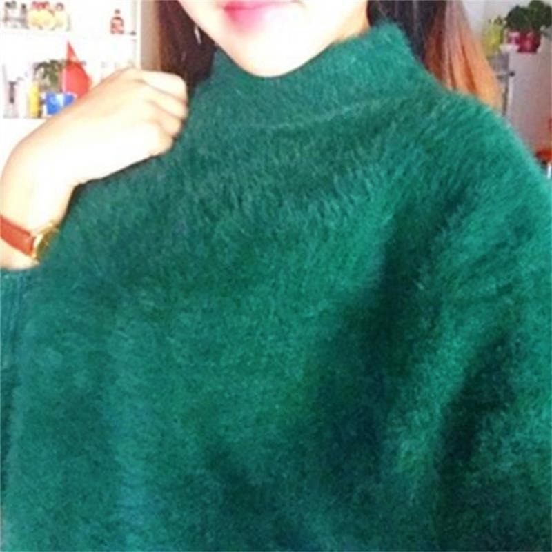 Imitation mink fur semi high neck knitted sweater