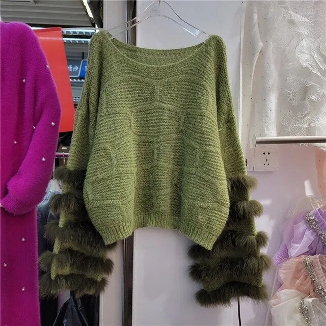 Vintage Faux Fur Patchwork Loose O-neck Thick Warm Pullover