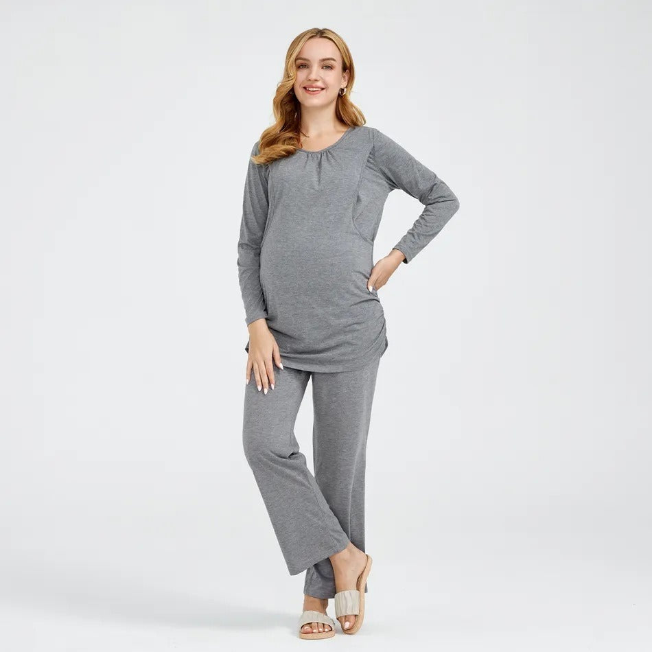 Solid colour round neck long sleeved maternity suit