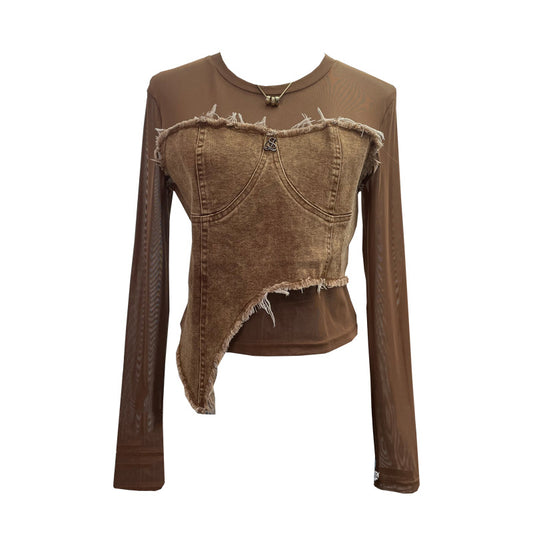 Cowboy patchwork long sleeved mesh T-shirt for women