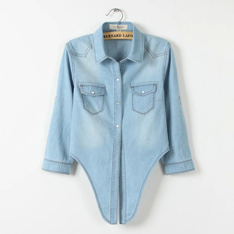 Lacing and Knotting Medium Sleeved  Denim Shirt