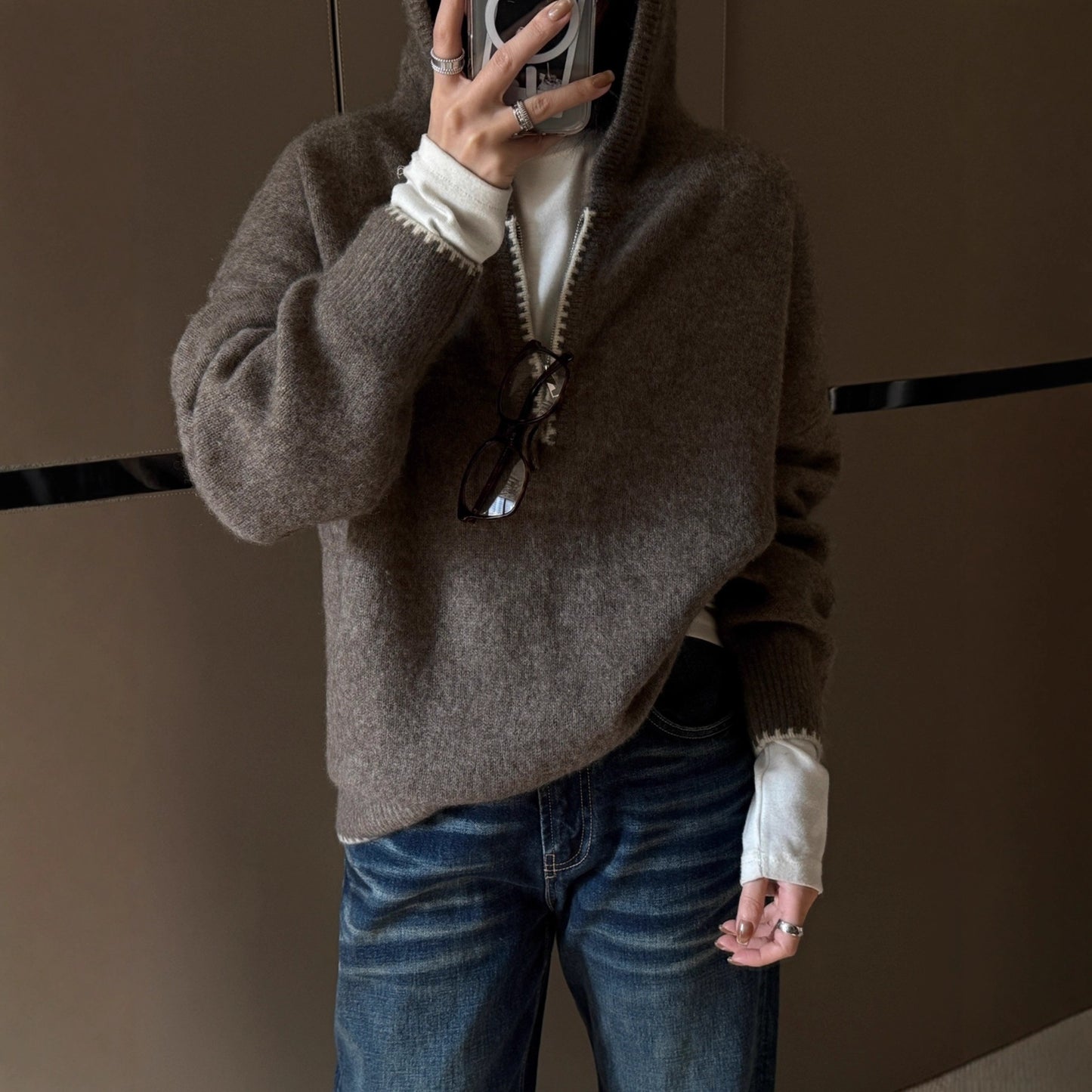 Relaxed Style Colour-blocked Ribbed Trim Half-zip Hoodie