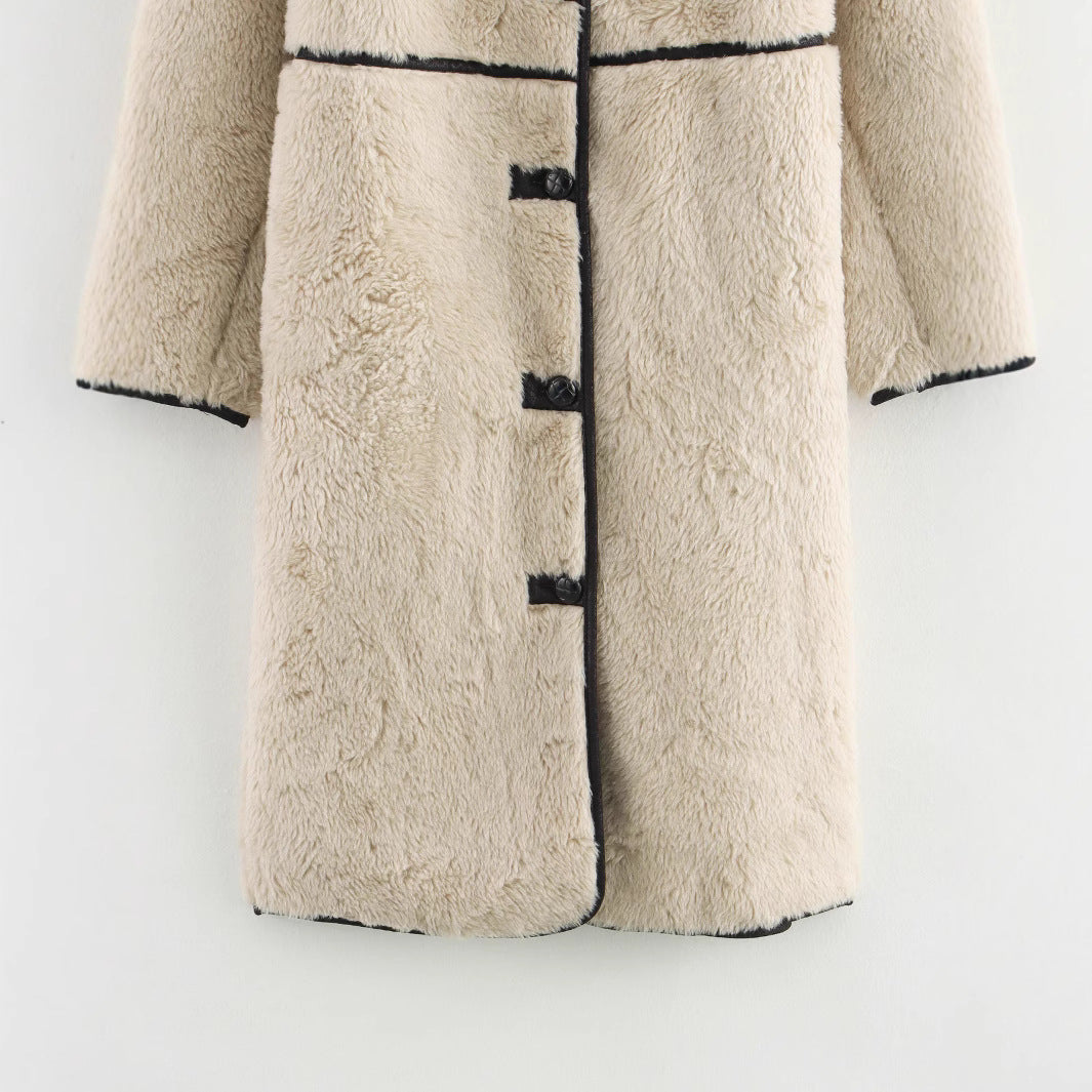 Fur effect long sleeved woollen coat