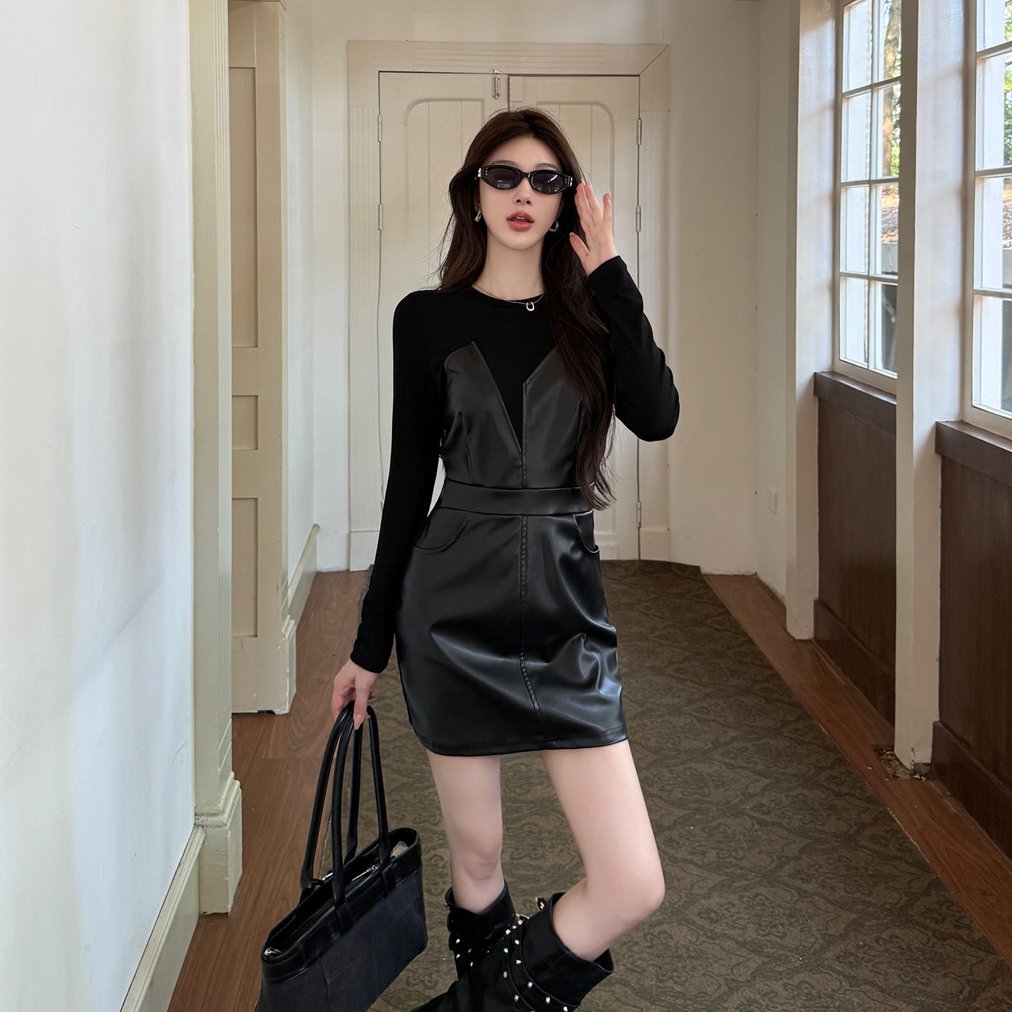 Long sleeved leather patchwork dress for women