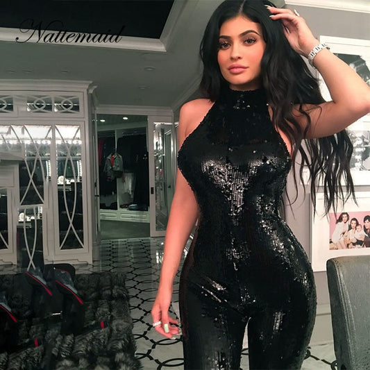 Jumpsuit Sexy Halter Off Shoulder Black Sequin Jumpsuit