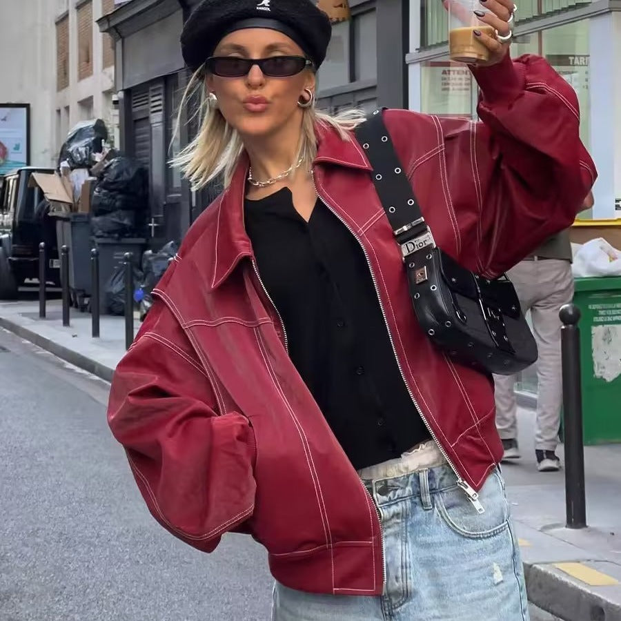 PU Autumn Winter Vintage Long Sleeve Patchwork Jackets