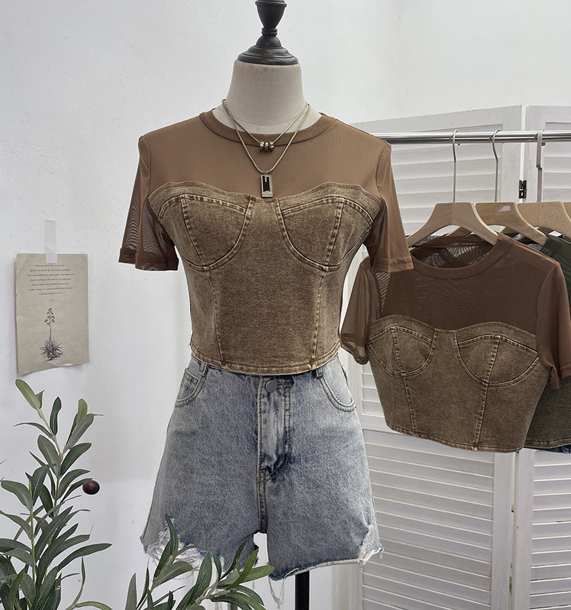 Cowboy patchwork mesh short sleeved T-shirt